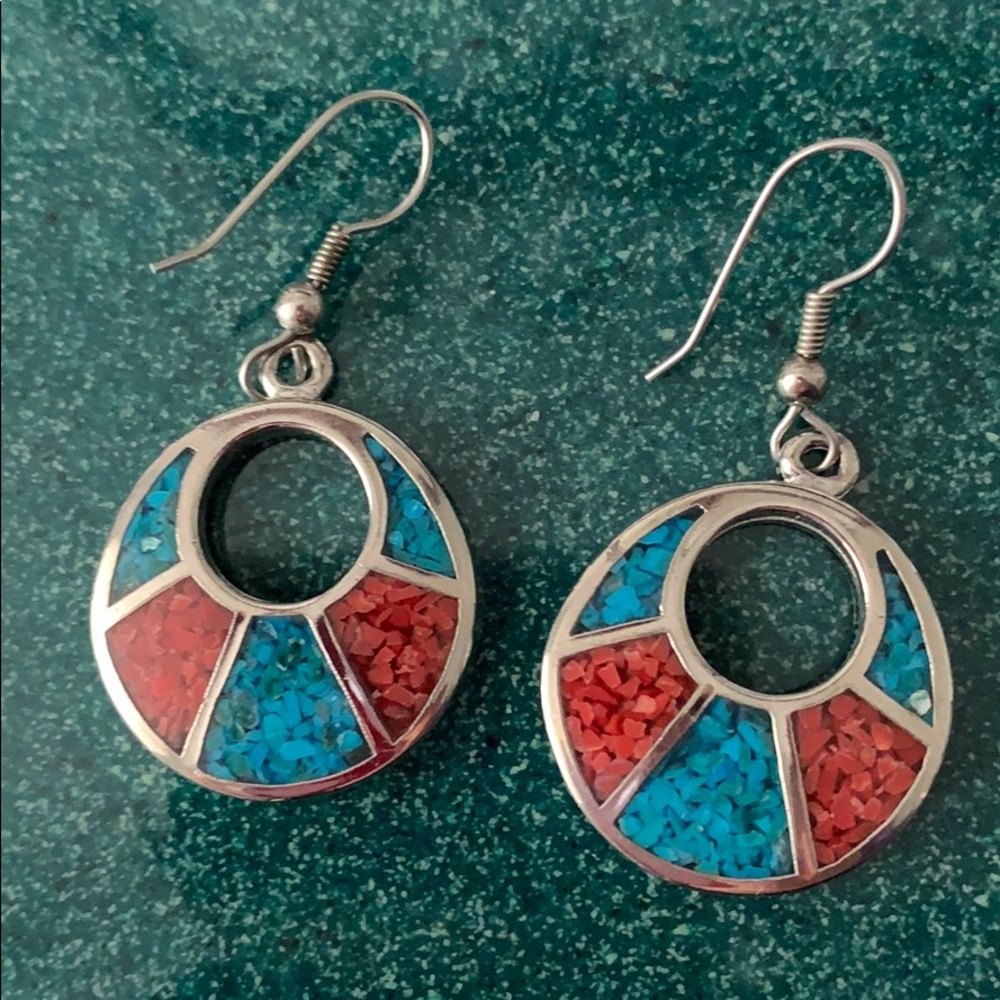 Silver tone blue and red pierced earrings